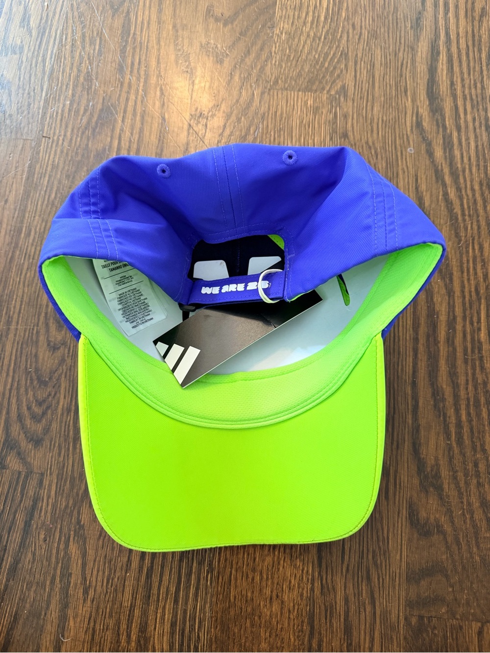 adidas World Cup Volunteer Hat Blue Neon Green Brim and Multicolor Heart Pattern - Picture 3 of 4